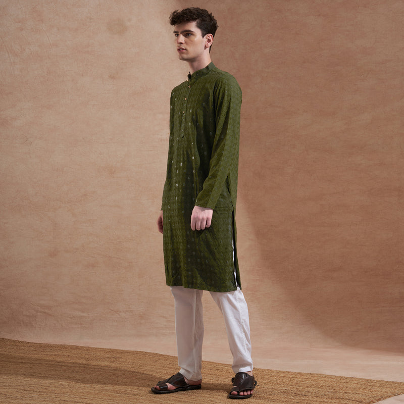 Men’s Olive Green Tonal Embroidered Kurta 5