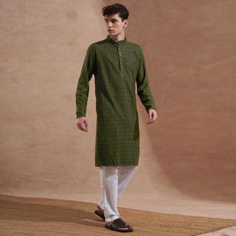 Men’s Olive Green Tonal Embroidered Kurta 8