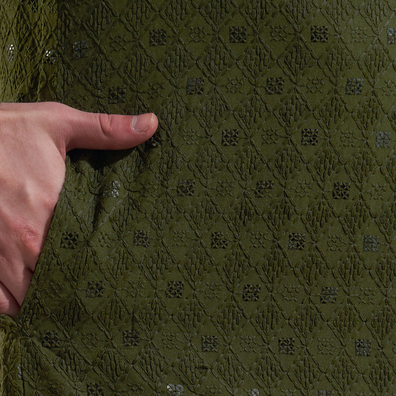 Men’s Olive Green Tonal Embroidered Kurta 6