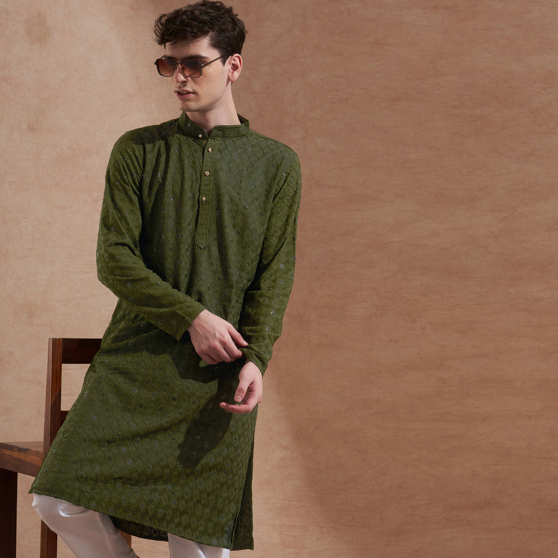 Men’s Olive Green Tonal Embroidered Kurta