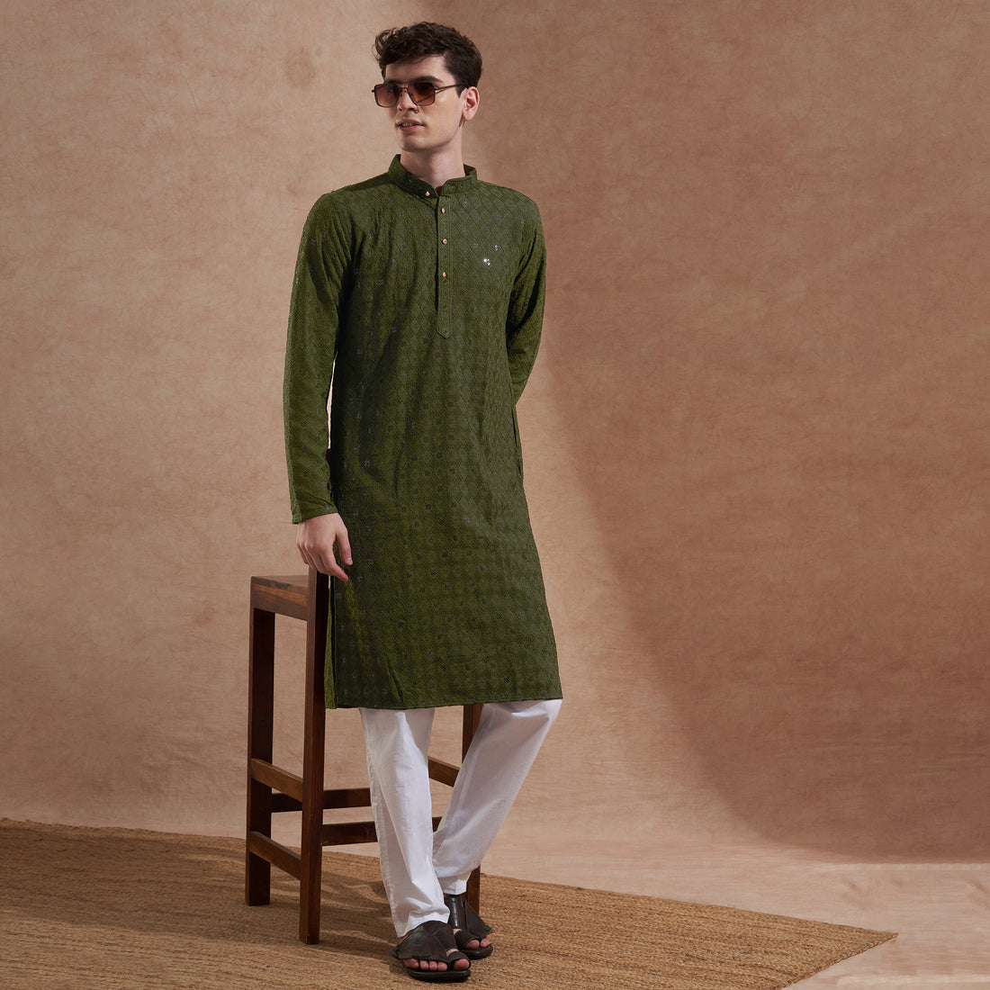 Men’s Olive Green Tonal Embroidered Kurta