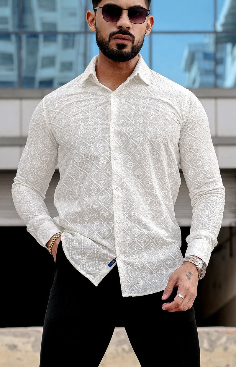 VOZIA Thrive Cream Chikankari Men's Shirt 1