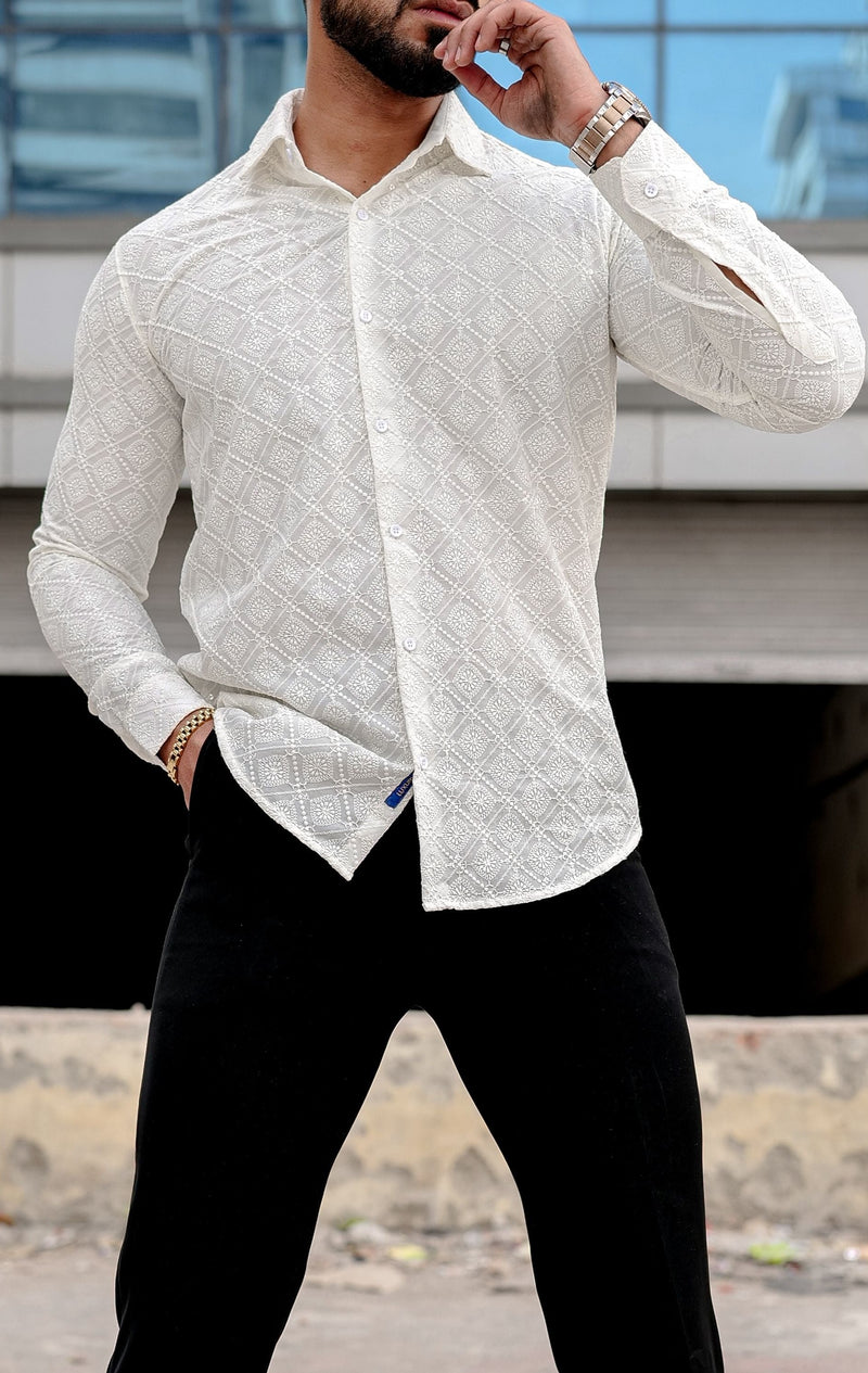 VOZIA Thrive Cream Chikankari Men's Shirt 4