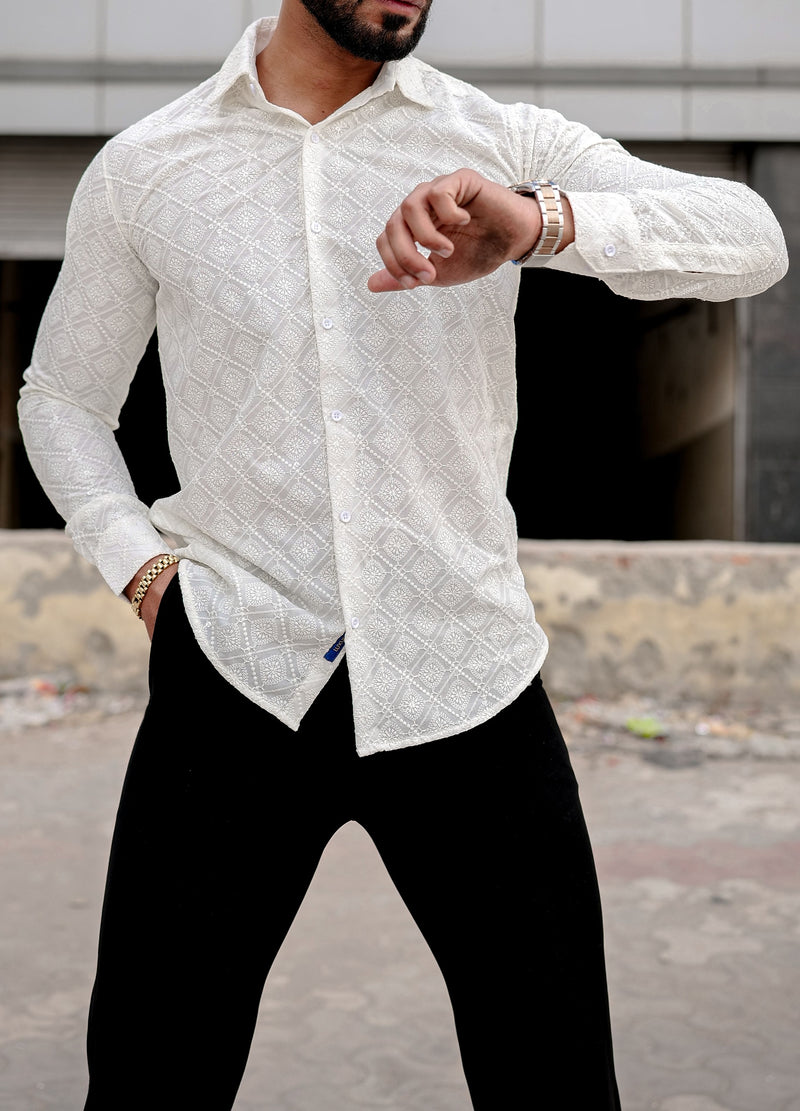 VOZIA Thrive Cream Chikankari Men's Shirt 5