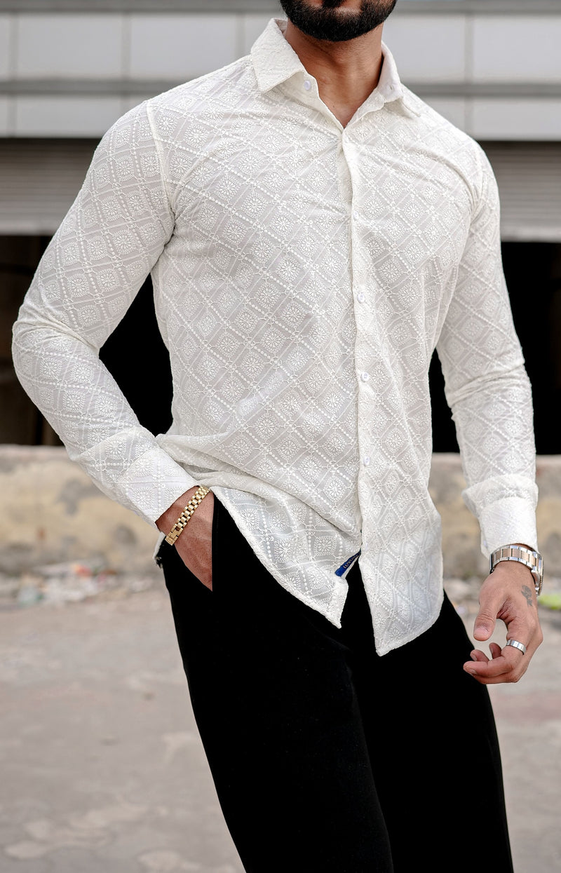 VOZIA Thrive Cream Chikankari Men's Shirt 7