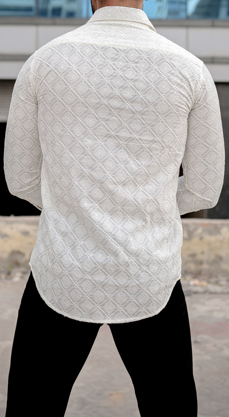 VOZIA Thrive Cream Chikankari Men's Shirt 8