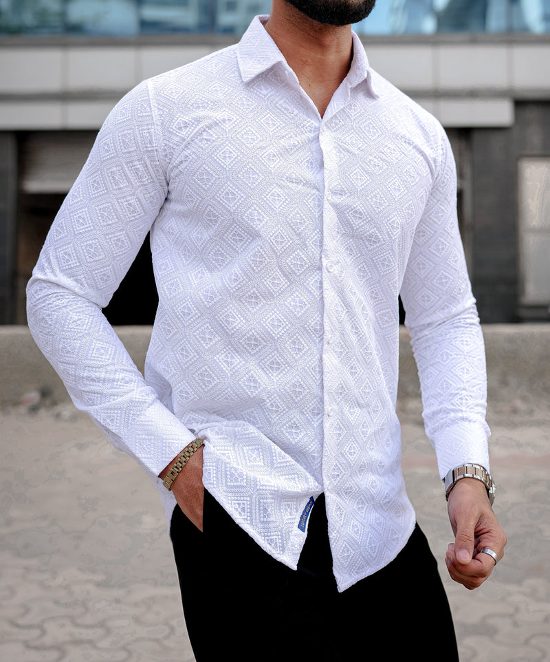 VOZIA Spark White Chikankari Men's Shirt 7