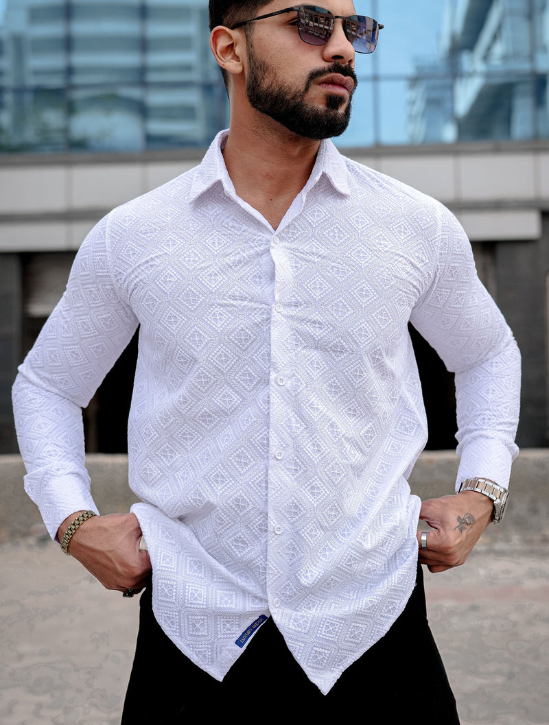 VOZIA Spark White Chikankari Men's Shirt 1