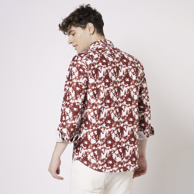 Men's red and white abstract printed shirt back view