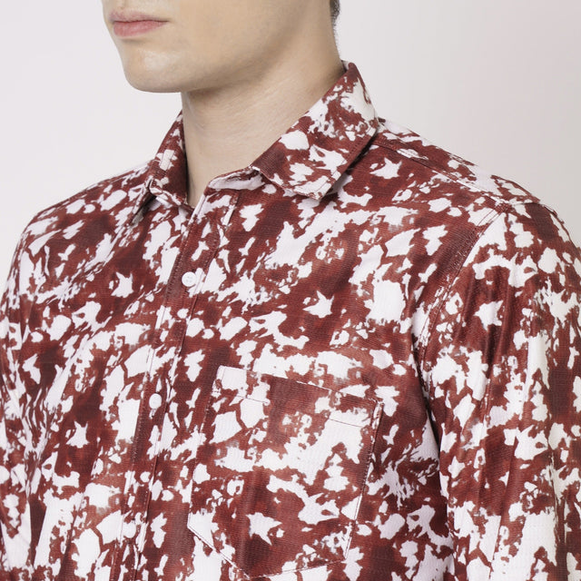 Red and white abstract printed shirt collar and chest pocket detail