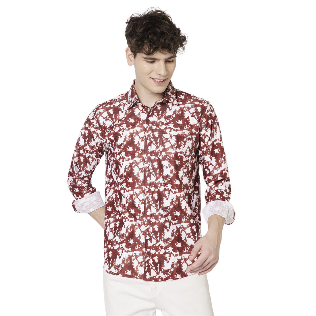 Men's red and white abstract printed shirt full front view