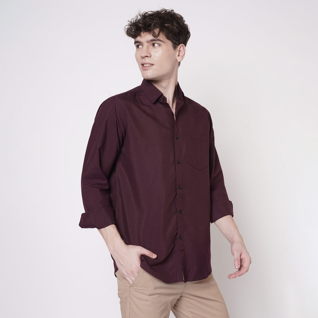 Wine maroon cotton shirt for men - angled view