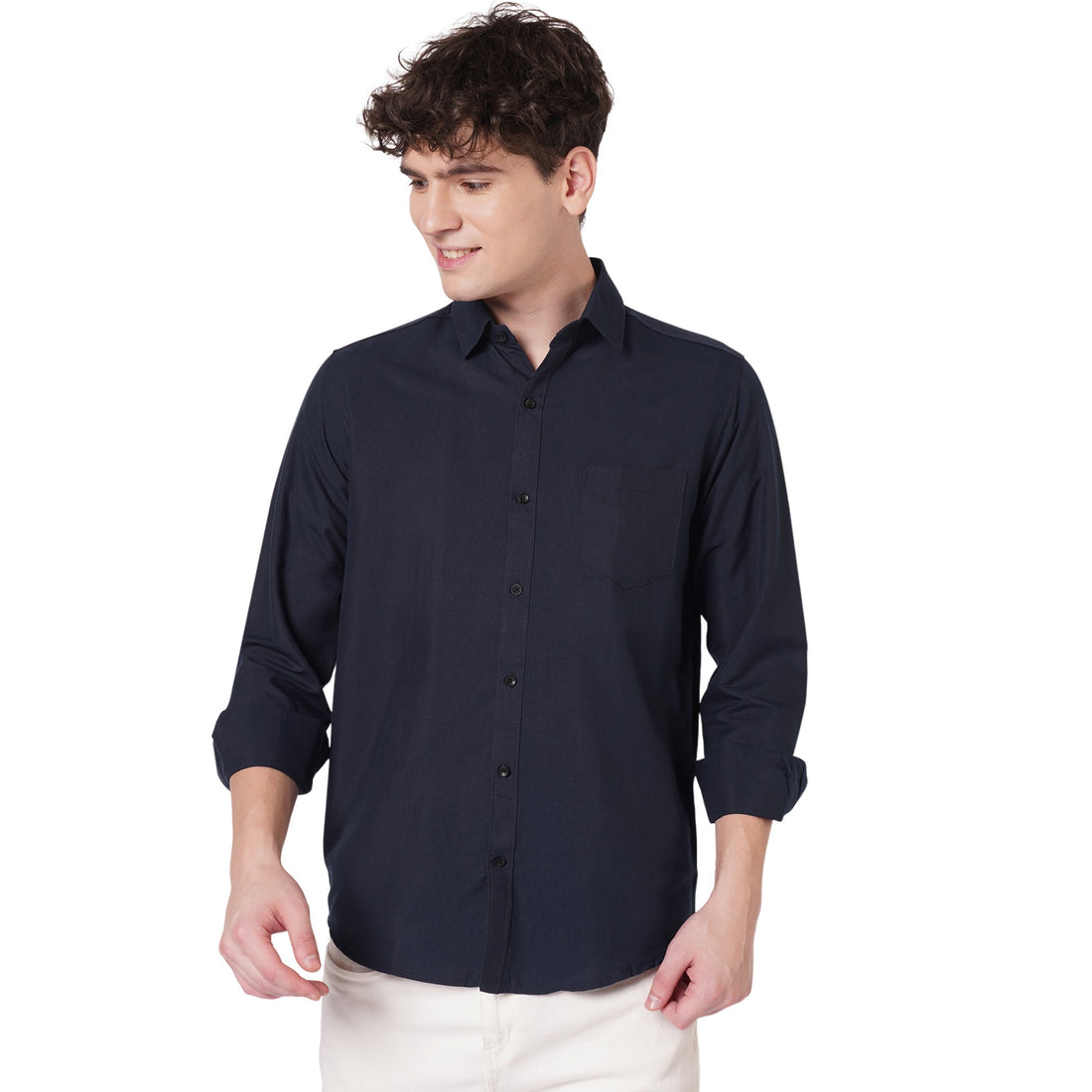 Navy blue cotton spread collar shirt for men front view on white background