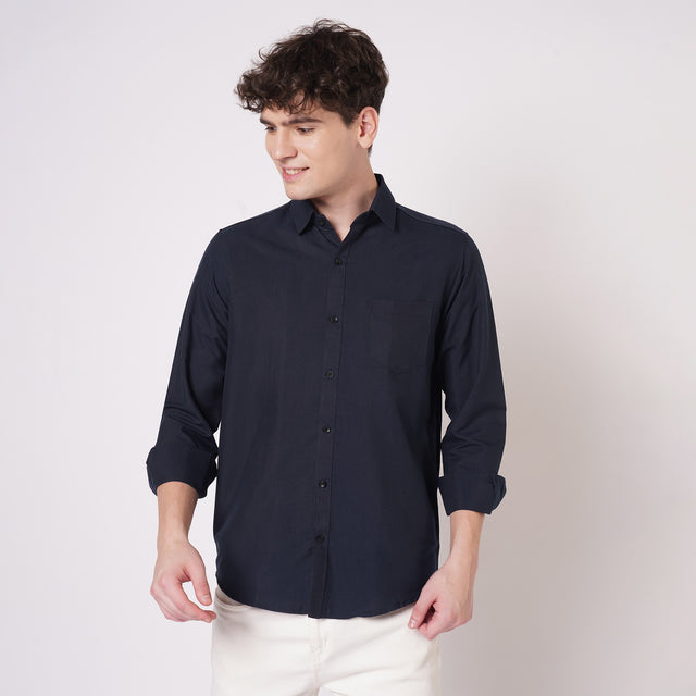 Navy blue cotton spread collar shirt for men front view