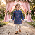 Boys Navy Blue Floral Embroidered Lachka Kurta Pyjama Set – 2–3 Years
