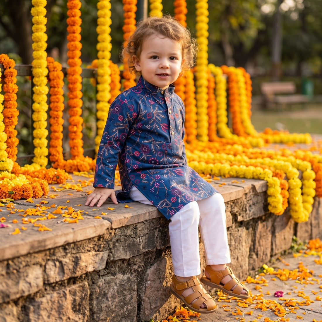 TRYBUY boys navy floral kurta with white pyjamas, seated side view showing long sleeves