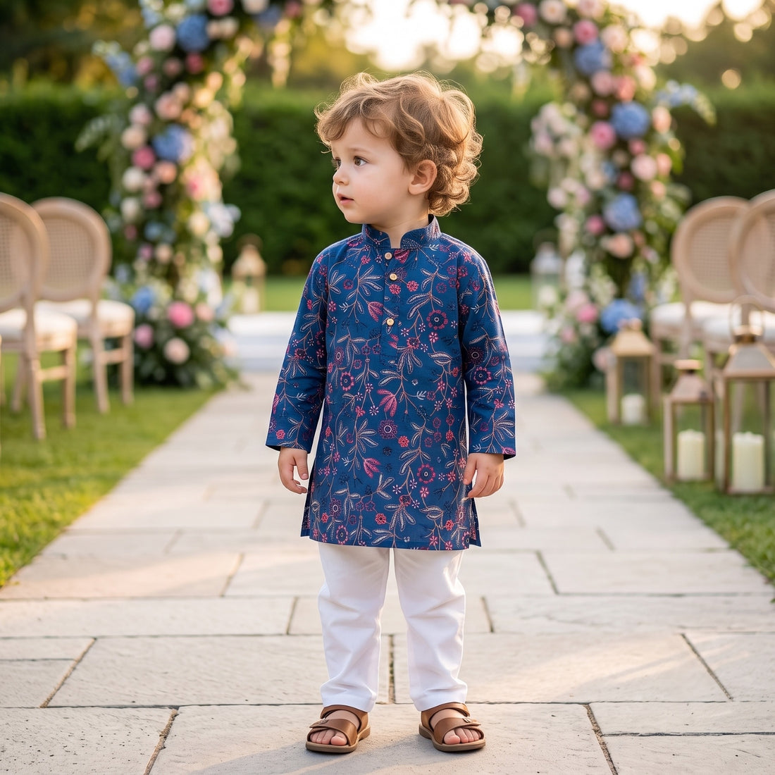 TRYBUY boys navy floral kurta with white pyjamas, standing view of the navy kurta and white pyjamas