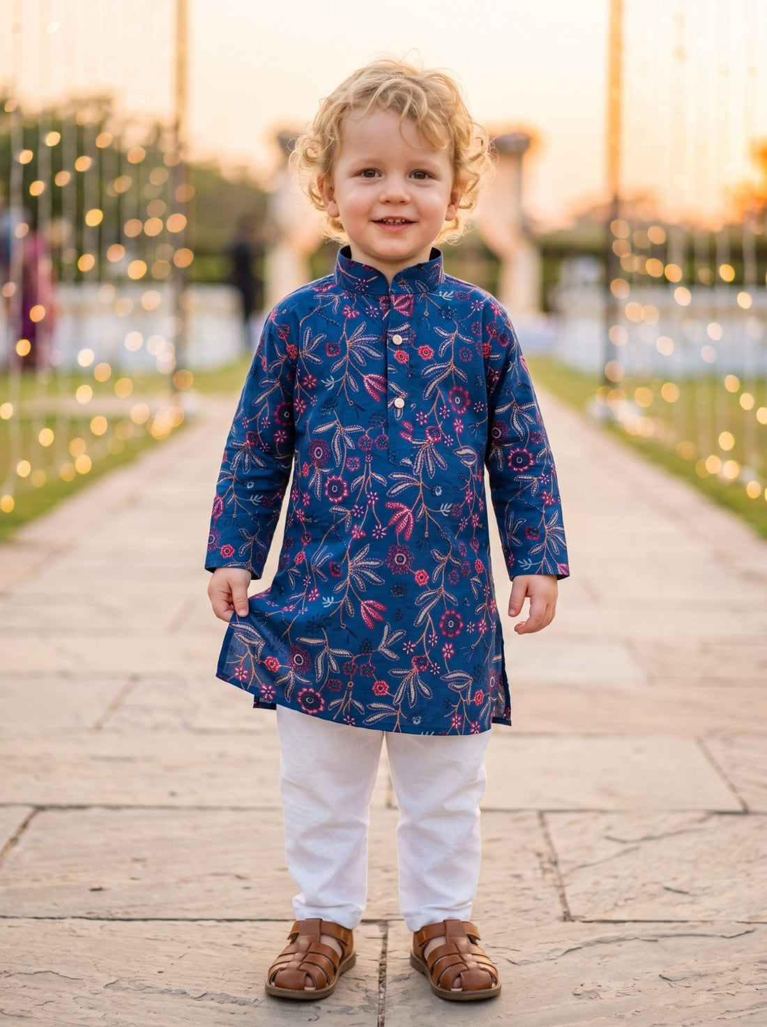 TRYBUY boys navy floral kurta with white pyjamas, front view showing the mandarin collar and button placket