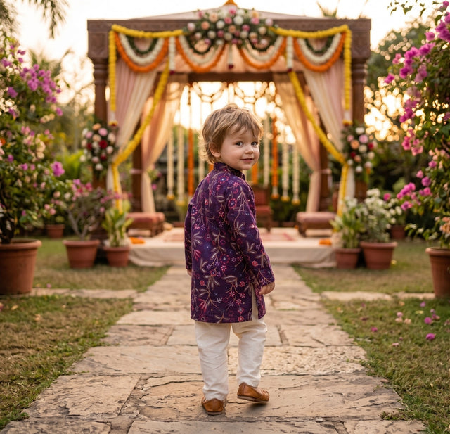 Rear three-quarter view of TRYBUY boys plum-purple kurta showing embroidery across the back