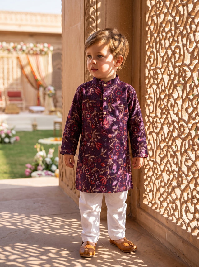 Front three-quarter view of TRYBUY boys purple embroidered kurta showing the mandarin collar and button placket