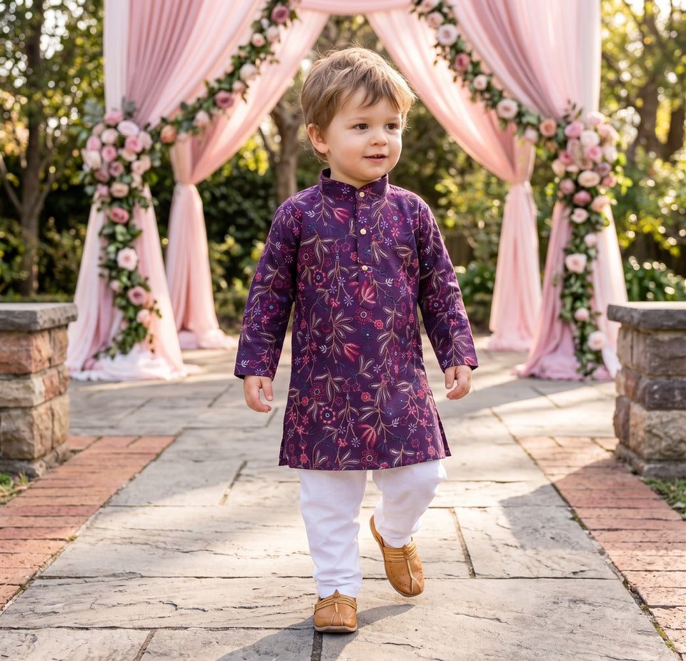 TRYBUY boys plum-purple floral embroidered kurta with mandarin collar and long sleeves, front walking view
