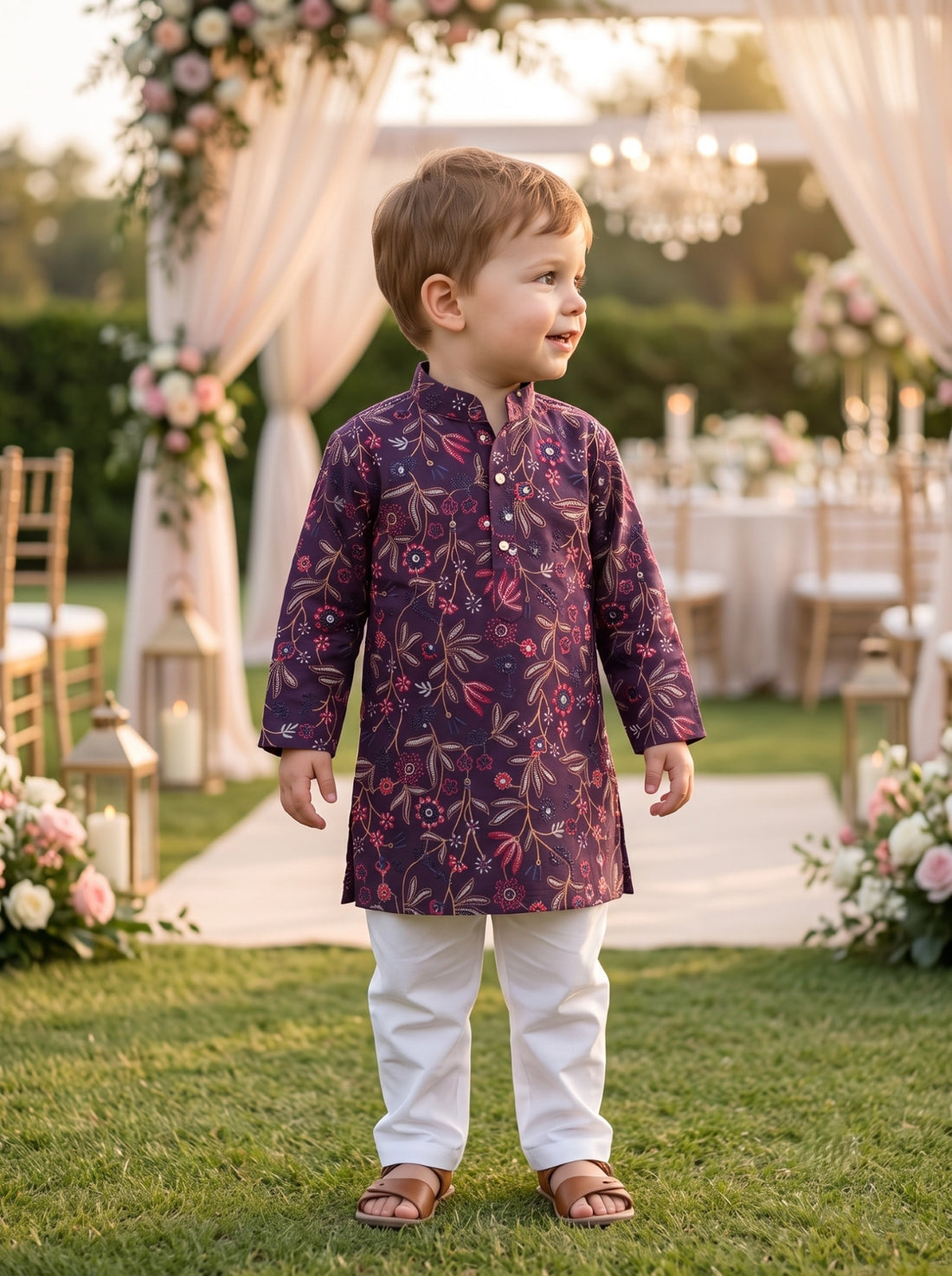 Garden portrait of TRYBUY boys plum-purple kurta with all-over floral-vine embroidery