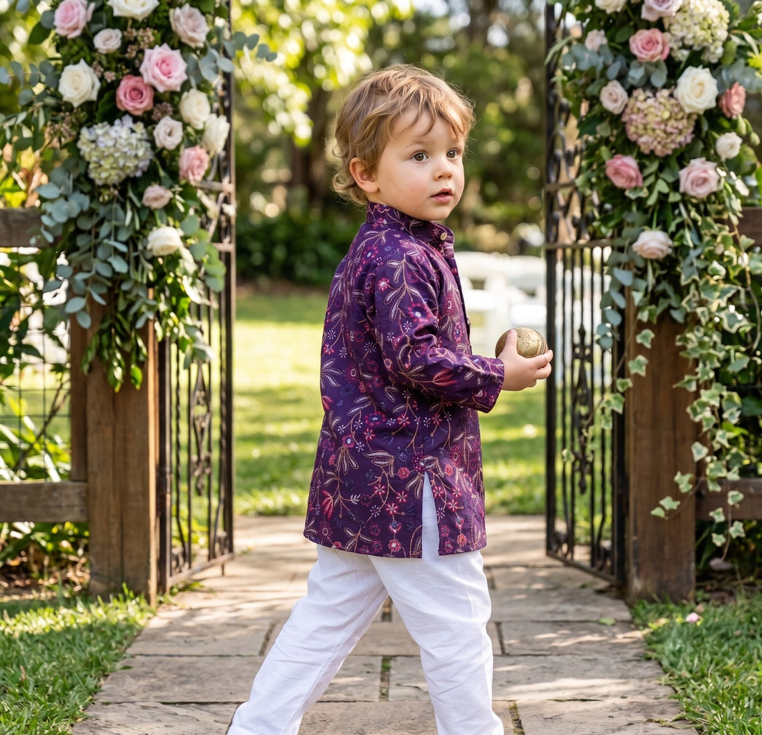 Side and back view of TRYBUY boys purple floral embroidered kurta showing the straight silhouette and side slit