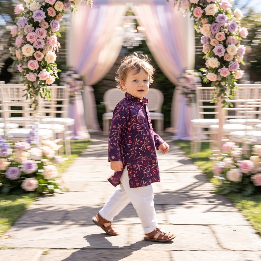Side walking view of TRYBUY boys plum-purple embroidered kurta showing long sleeves and a side slit