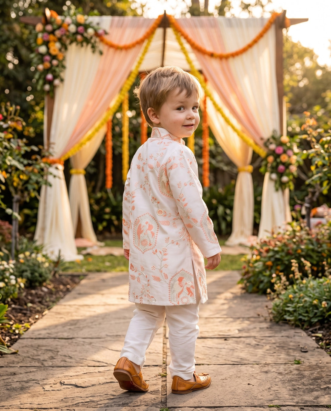 TryBuy boys ivory and peach motif kurta, 2-3 years — rear three-quarter view showing motifs across the back