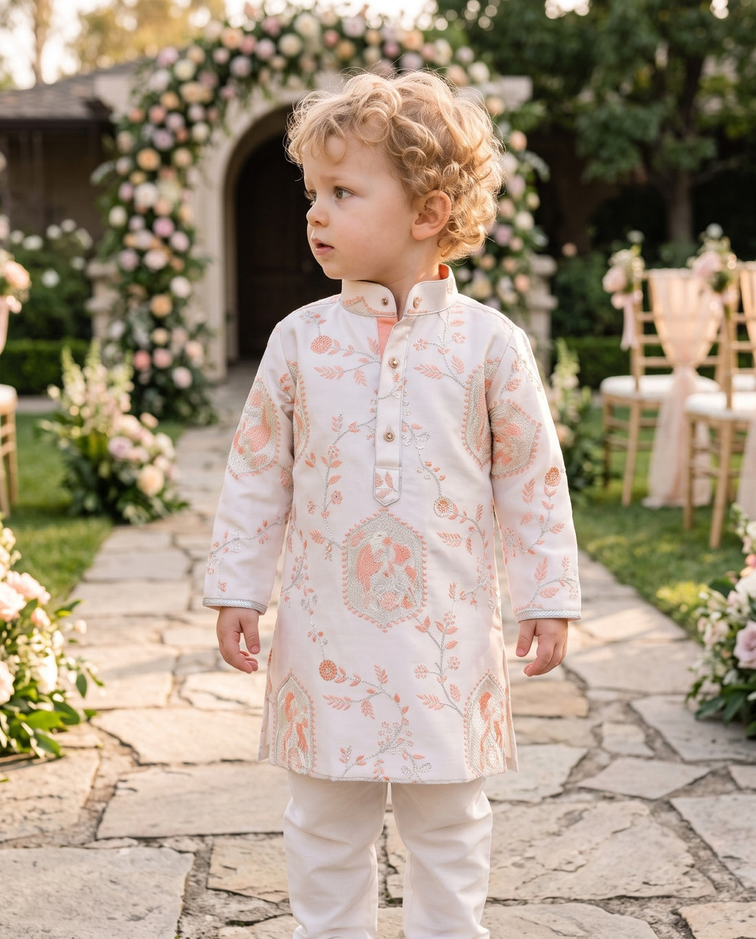 TryBuy boys ivory and peach motif kurta, 2-3 years — closer front view of the mandarin collar, buttons and bird motifs