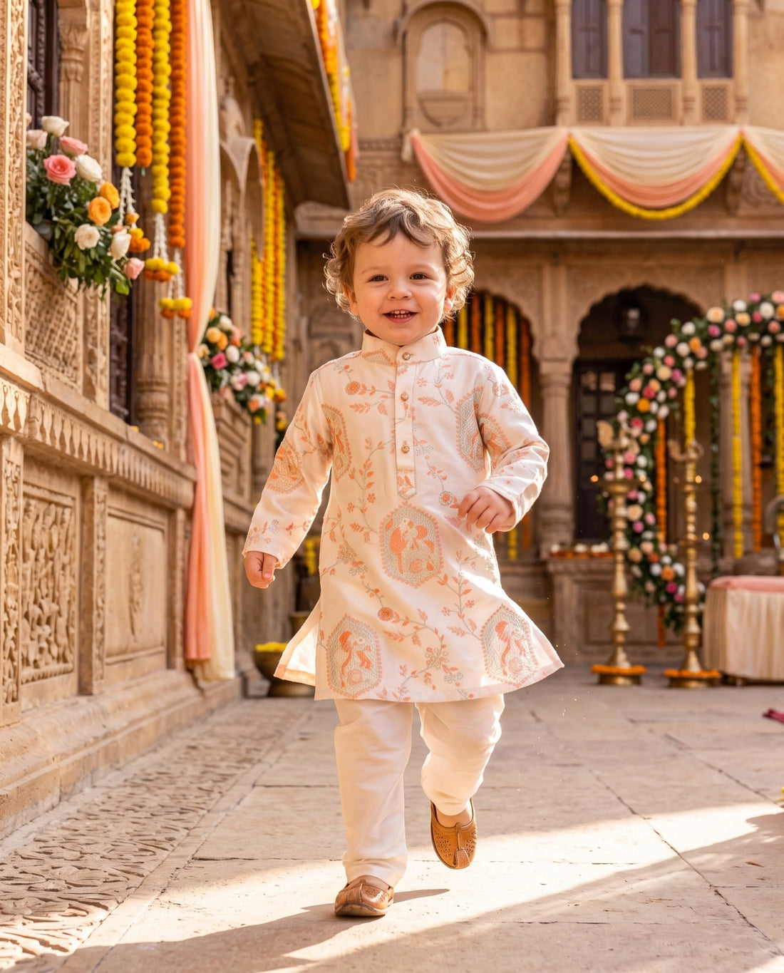 TryBuy boys ivory and peach motif kurta, 2-3 years — festive haveli walking view of the ivory and peach kurta