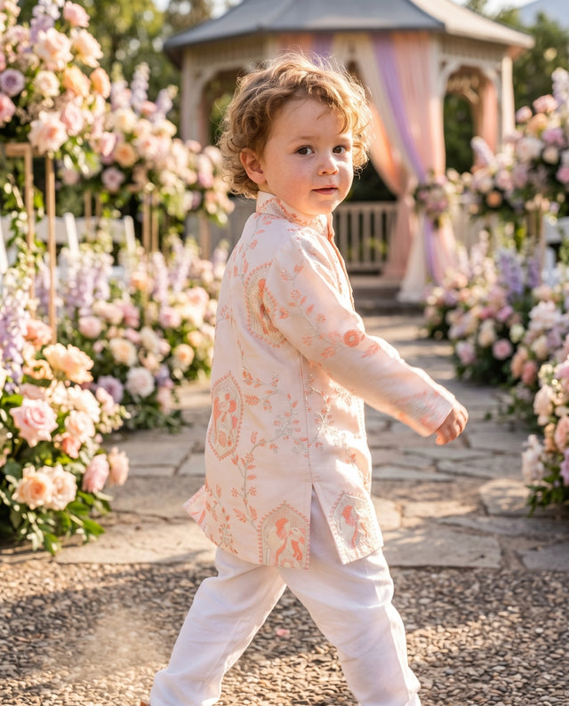 TryBuy boys ivory and peach motif kurta, 2-3 years — side view showing peach and silver motifs and a side slit