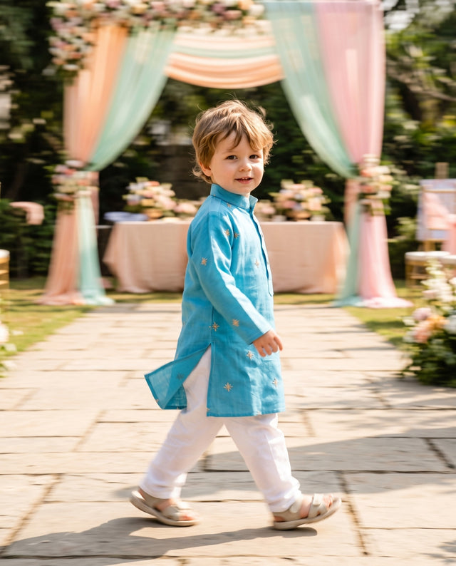TryBuy boys sky-blue gold-tone motif embroidered kurta, 2-3 years, side walking view