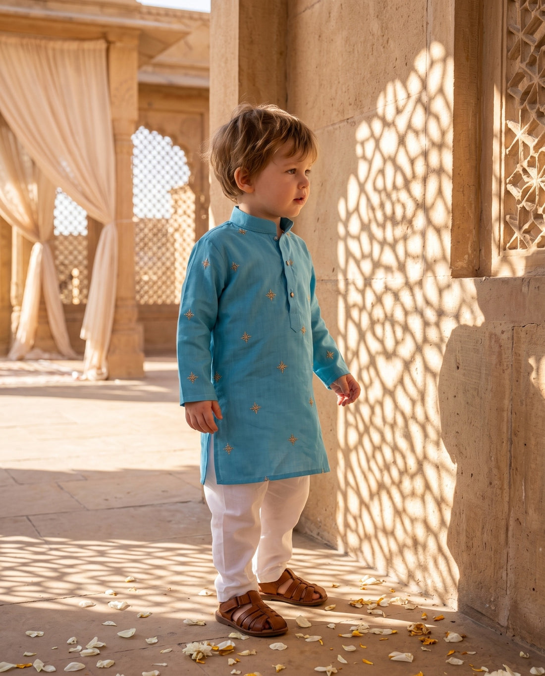 TryBuy toddler boys sky-blue embroidered kurta, side profile in courtyard