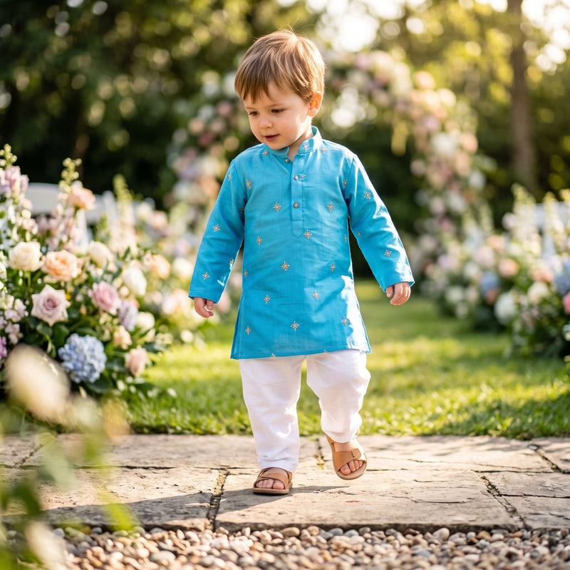 TryBuy Boys Sky-Blue Gold-Tone Embroidered Kurta – 2–3 Years 10