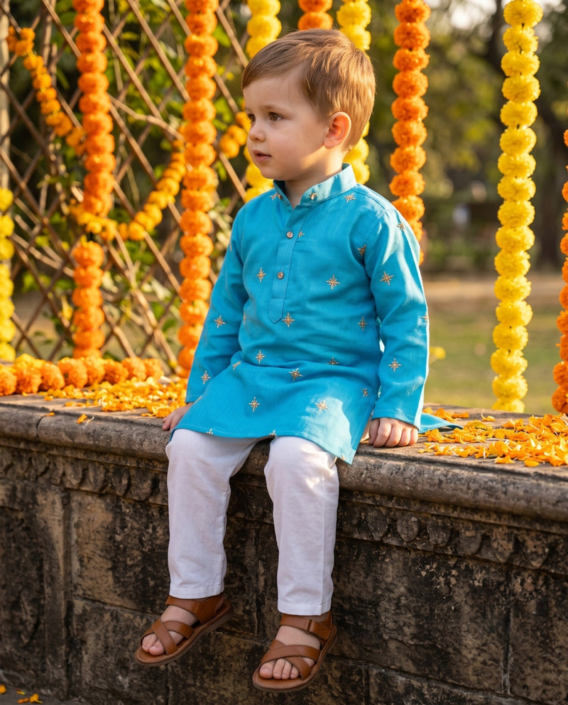 TryBuy Boys Sky-Blue Gold-Tone Embroidered Kurta – 2–3 Years 6