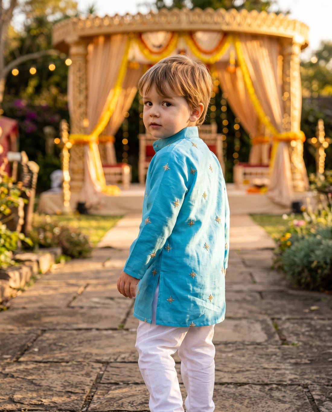 TryBuy boys sky-blue gold-tone motif kurta, rear three-quarter view