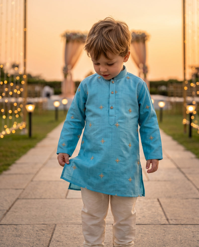 TryBuy Boys Sky-Blue Gold-Tone Embroidered Kurta – 2–3 Years 5