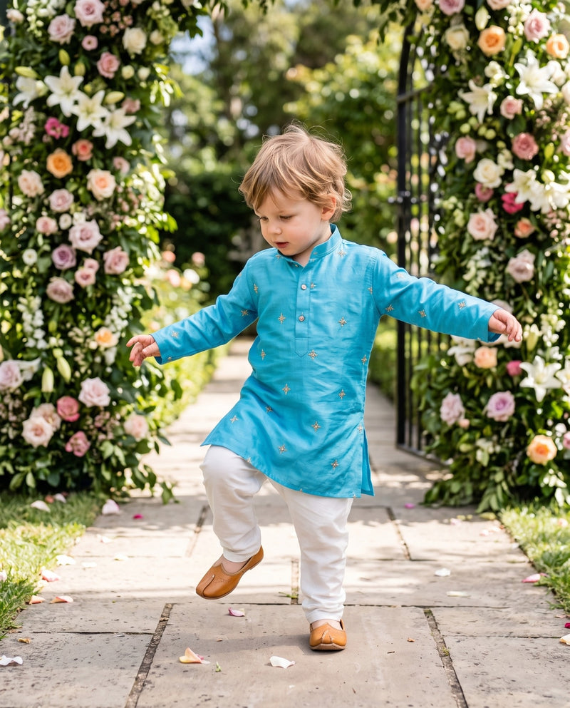 TryBuy Boys Sky-Blue Gold-Tone Embroidered Kurta – 2–3 Years 8