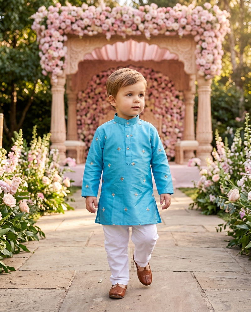 TryBuy Boys Sky-Blue Gold-Tone Embroidered Kurta – 2–3 Years 1
