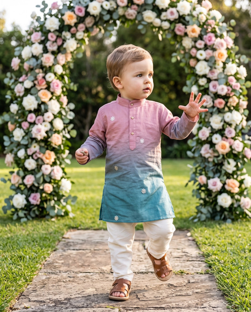 Kids Pink & Teal Ombré Floral Kurta – 2–3 Years 7