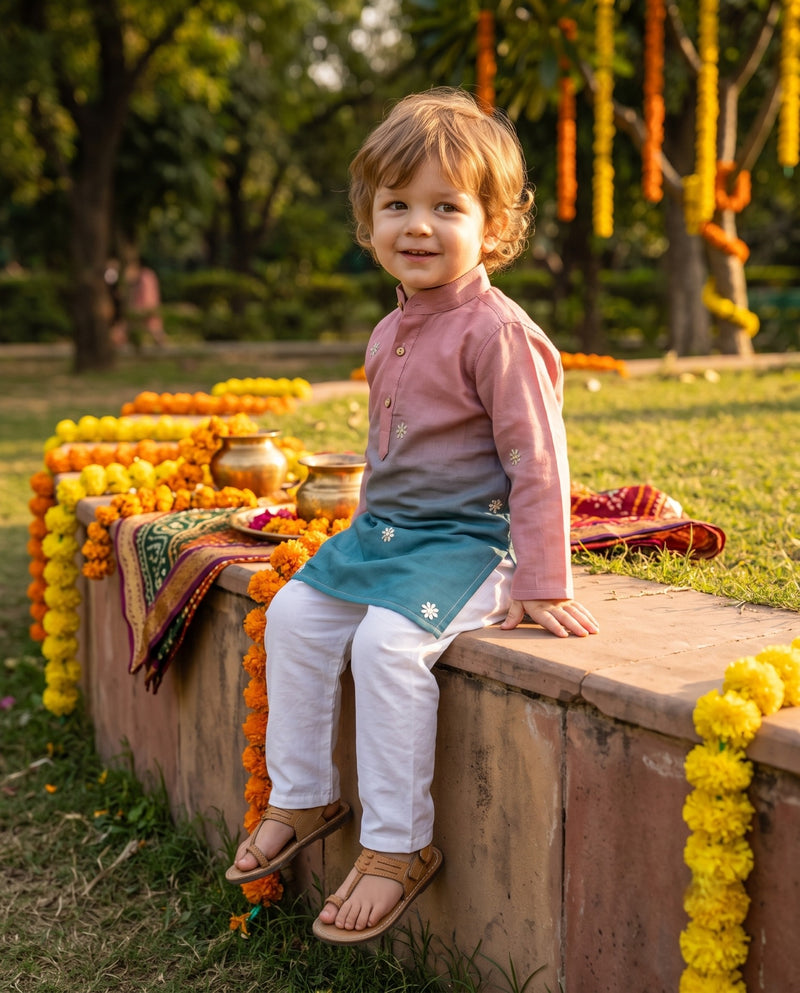Kids Pink & Teal Ombré Floral Kurta – 2–3 Years 4