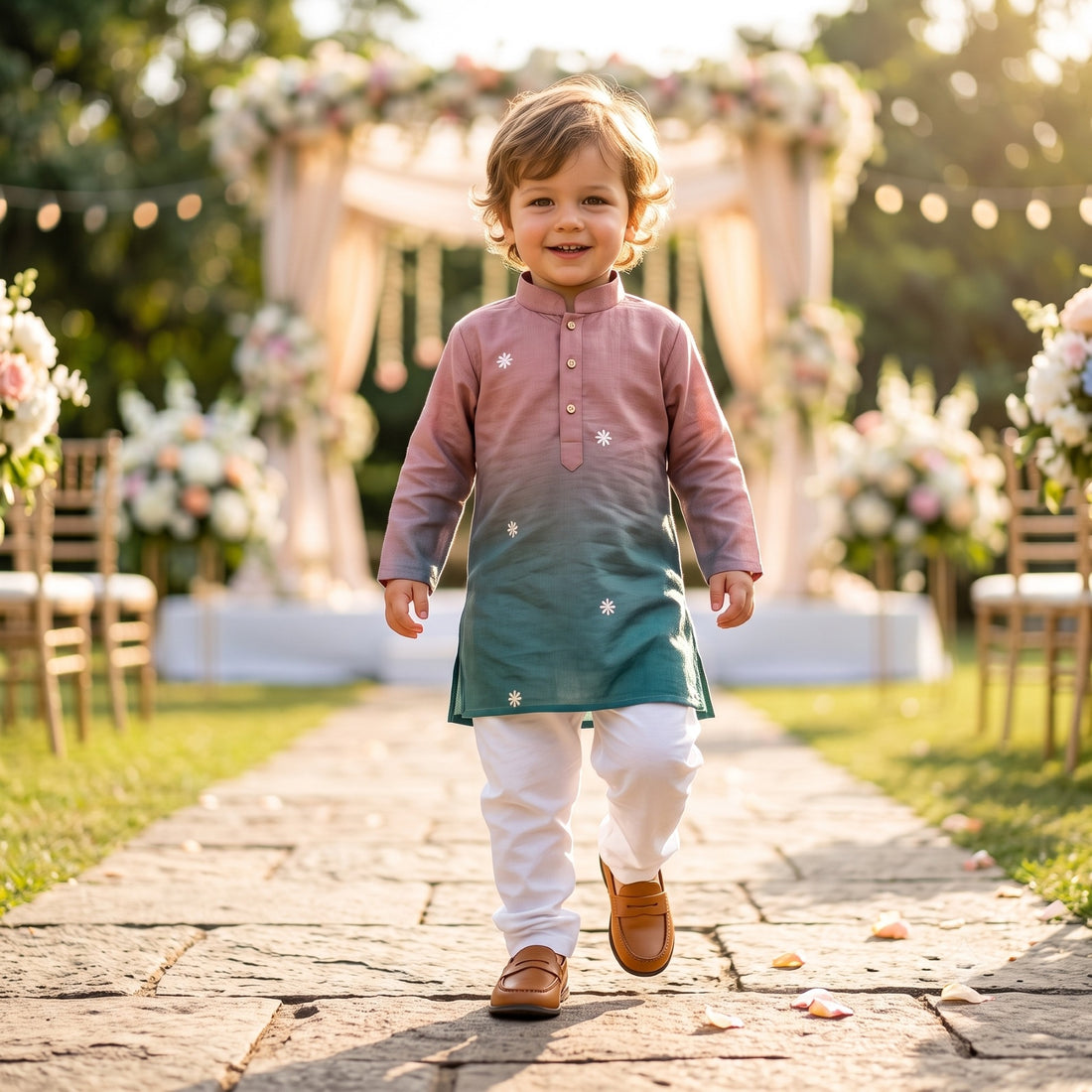 TryBuy pink and teal ombre floral motif kids kurta for 2–3 years, walking front view