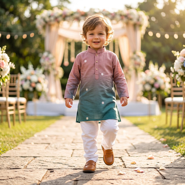 TryBuy pink and teal ombre floral motif kids kurta for 2–3 years, walking front view