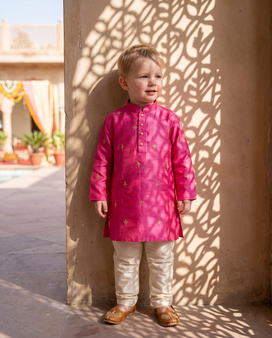 TryBuy magenta embroidered boys kurta, 2–3 years, courtyard view highlighting the pink colour and embroidered detail