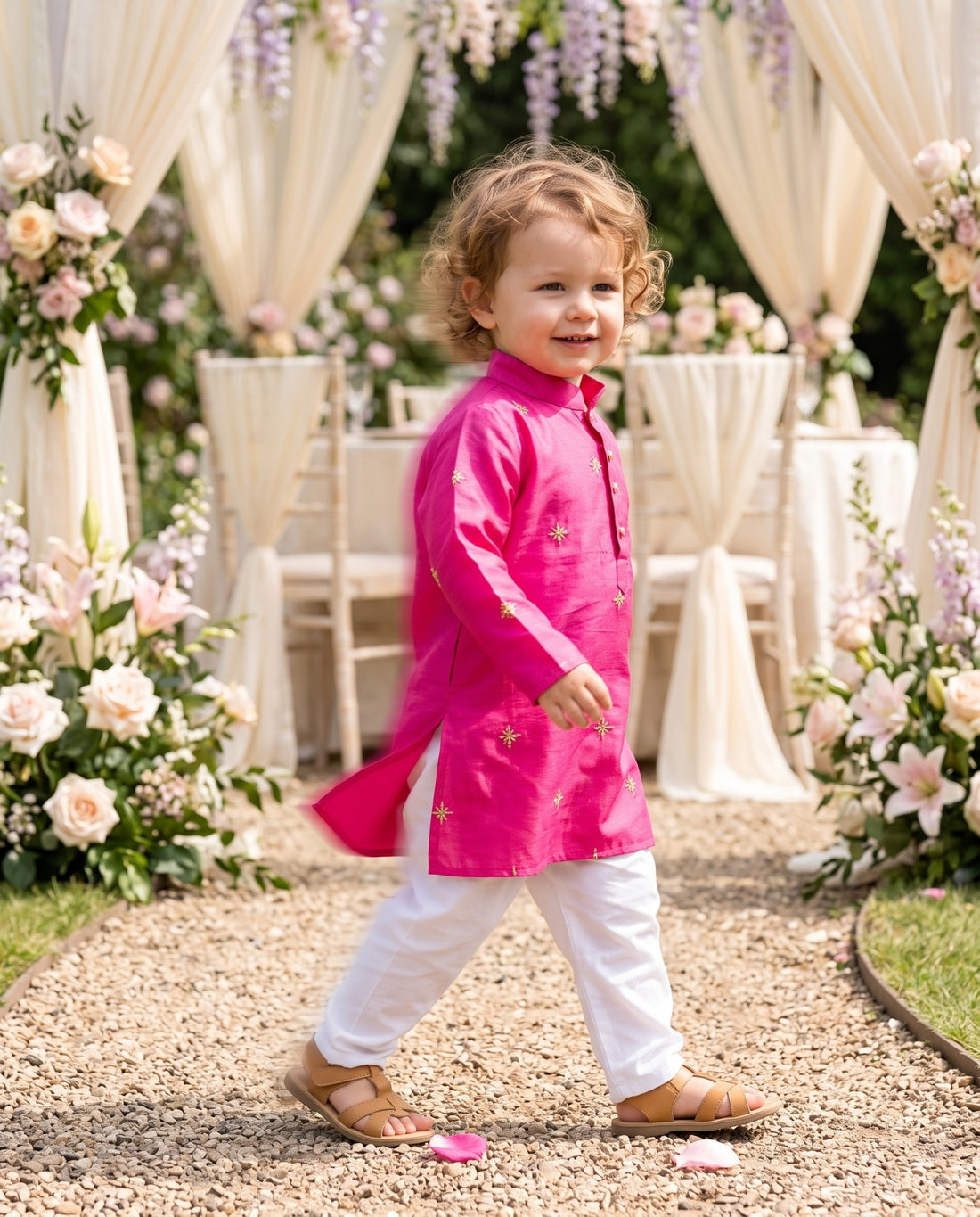 TryBuy magenta embroidered boys kurta, 2–3 years, side walking view showing gold embroidery and side slit