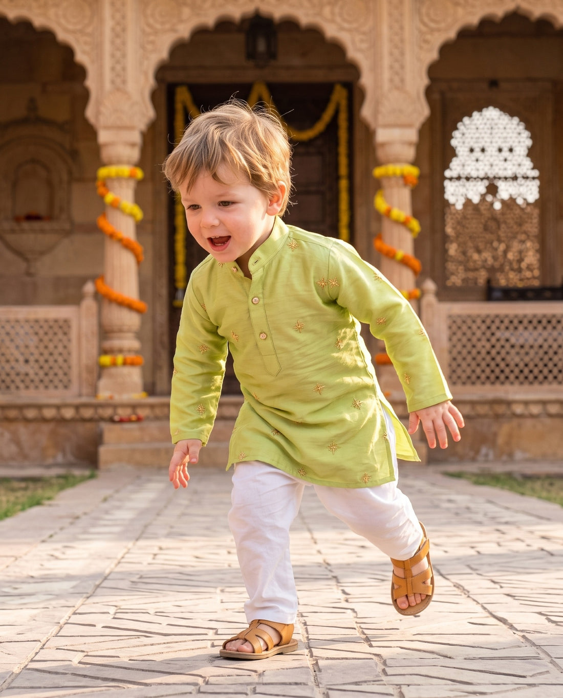 TryBuy lime green embroidered toddler kurta shown in motion in a traditional courtyard