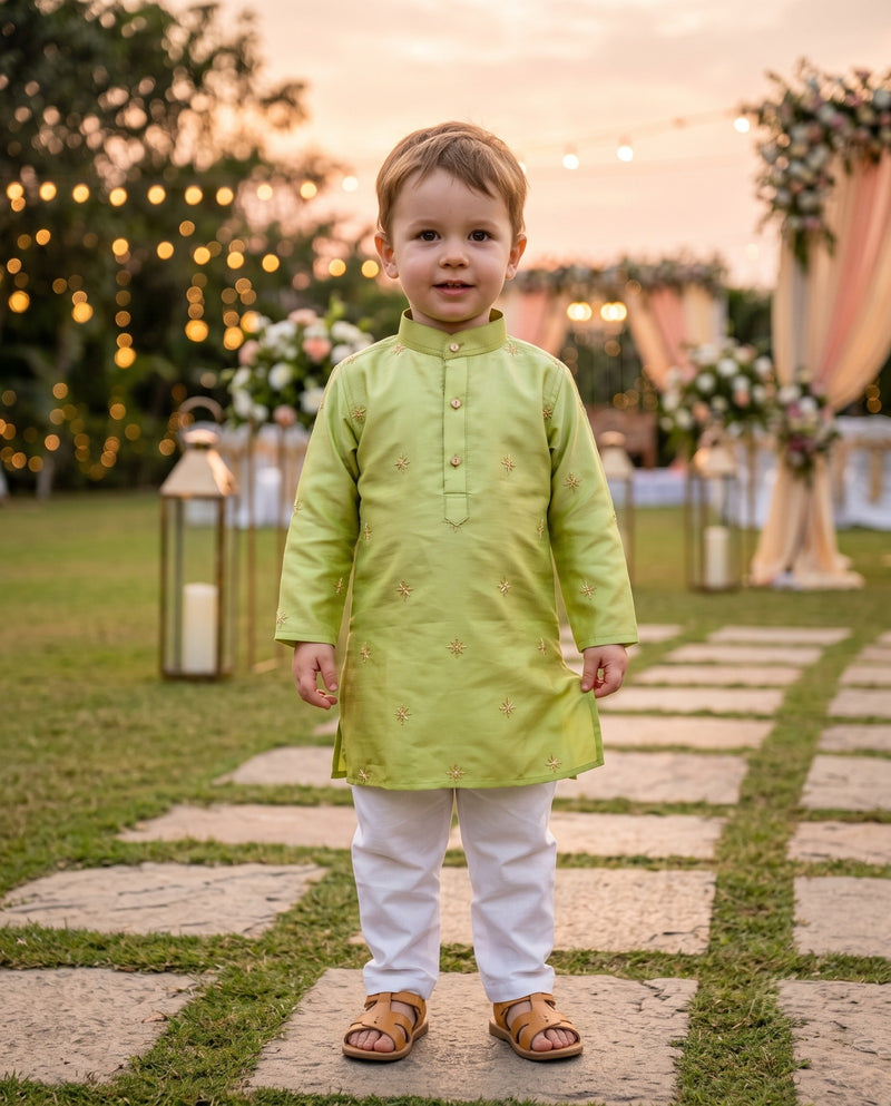 Boys Lime Green Gold Motif Embroidered Kurta – 2–3 Years 6