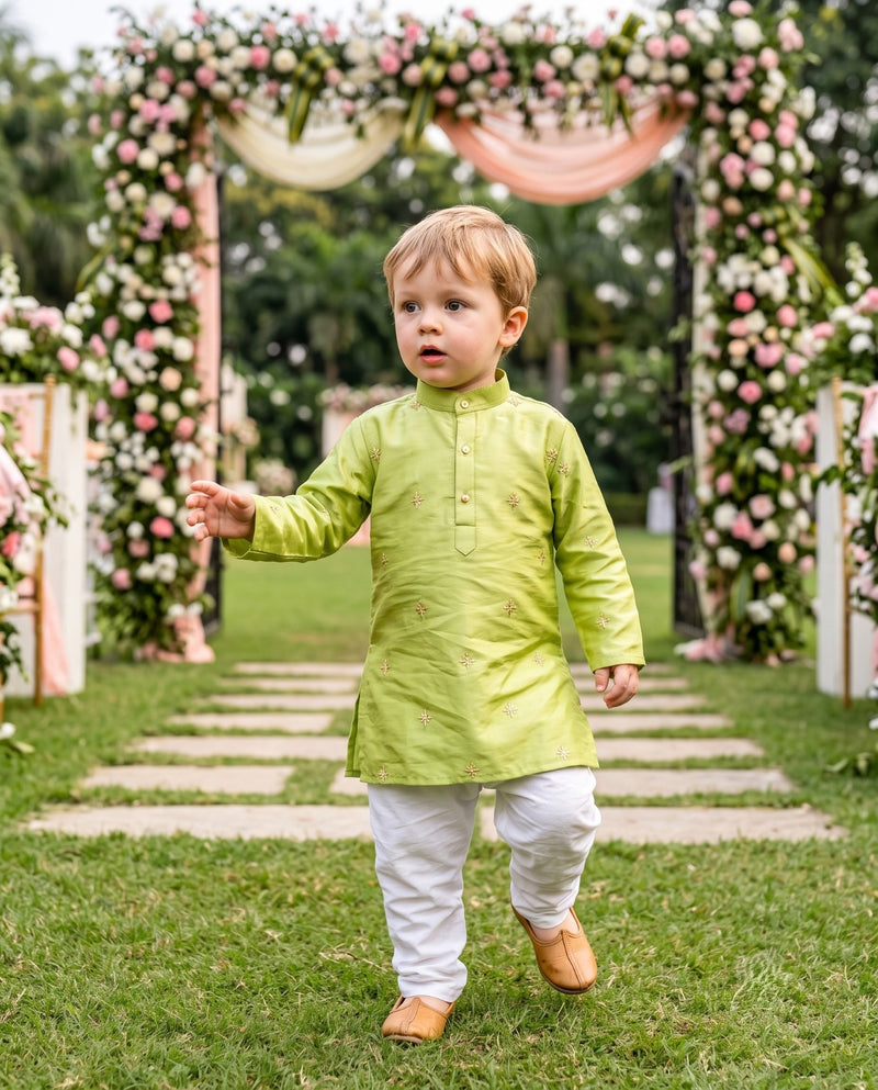 Boys Lime Green Gold Motif Embroidered Kurta – 2–3 Years 7