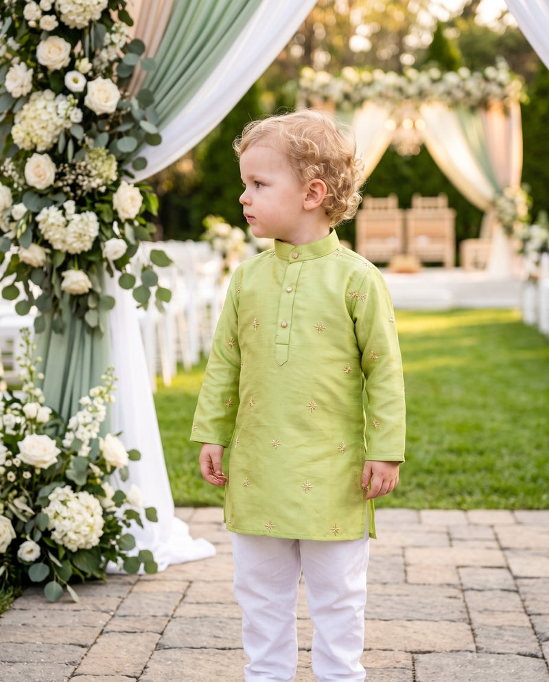 Boys Lime Green Gold Motif Embroidered Kurta – 2–3 Years 8